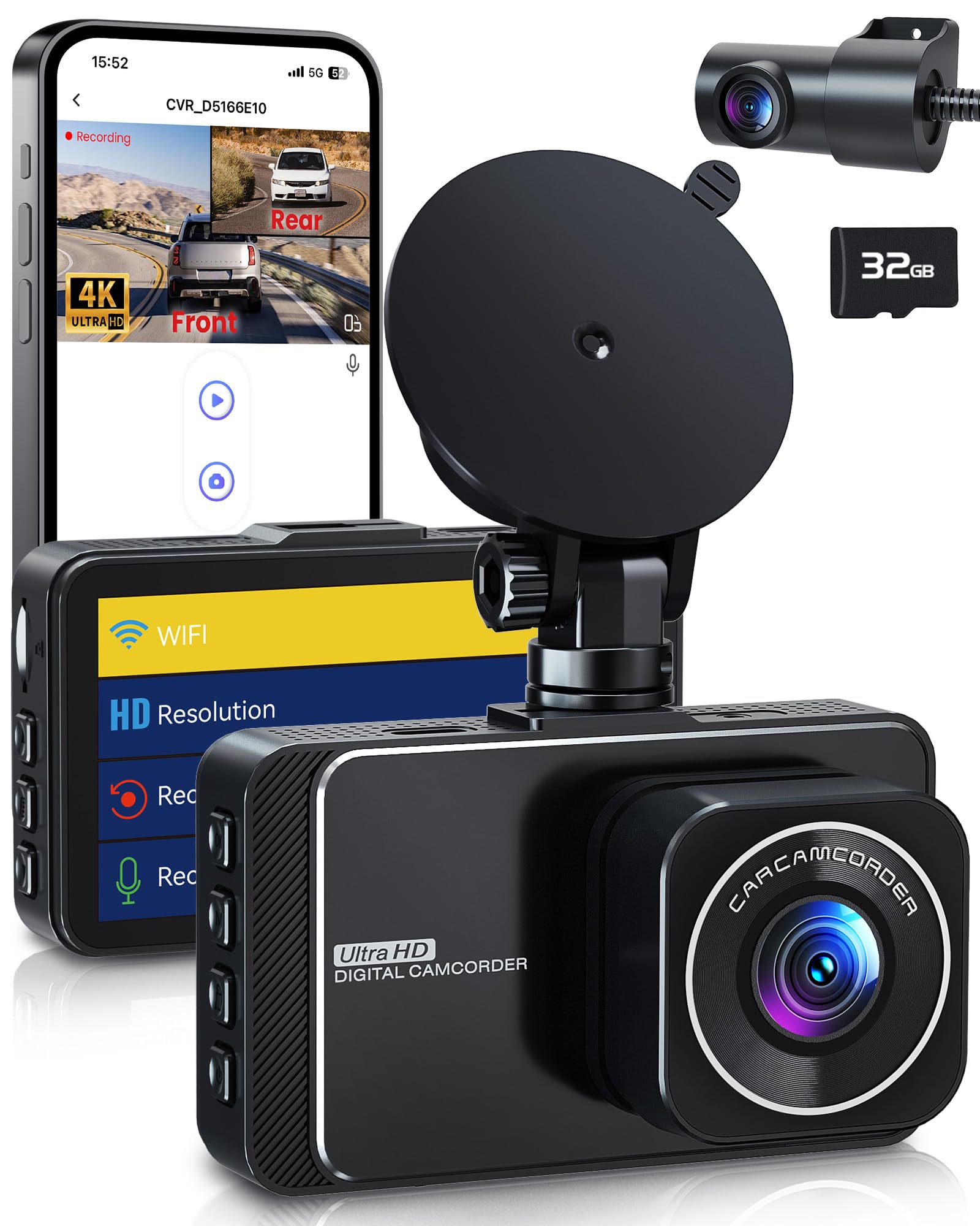 Dash Cam, 4K Ultra Hd Front Camera+2K Rear Cameras, 5G Wifi   Fastest Download Speeds App, Support Ios Android,Wdr Night Vision,